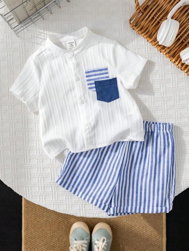 Mandarin Collar Shirt and Striped Shorts Set
