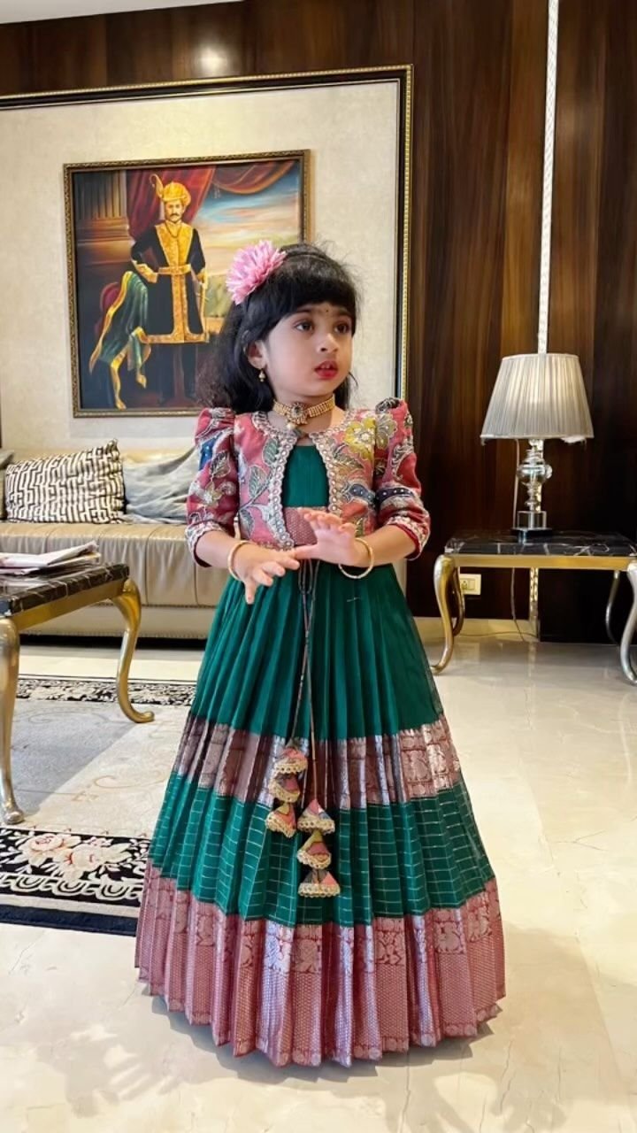 girls’ Pattu Pavadai Sattai with an embroidered crop jacket