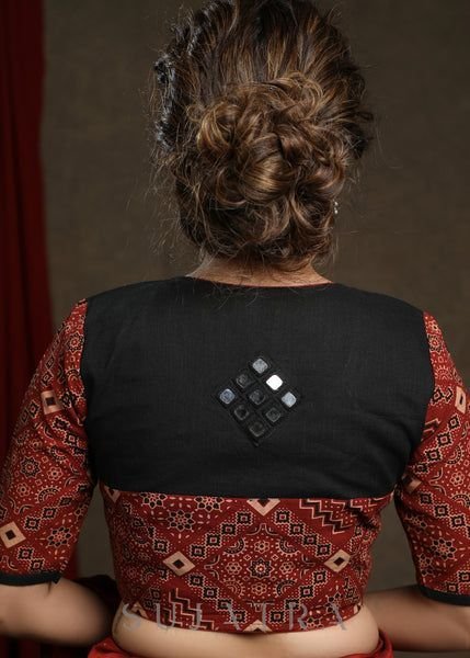 Black and Red Ajrakh Patchwork Blouse with Mirror Work