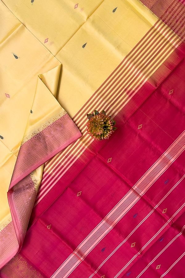 Butter Yellow & Rani Pink Striped-Pallu Saree