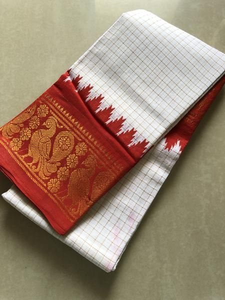 Ivory Checks & Vermilion Elephant-Border Saree