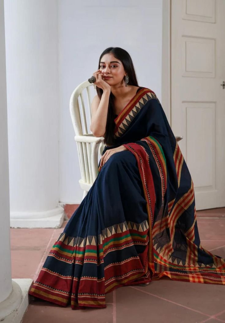 Midnight Navy Traditional Geometric-Border Saree