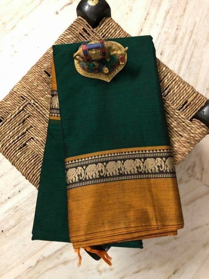 Forest Green & Mustard Elephant-Zari Border Saree
